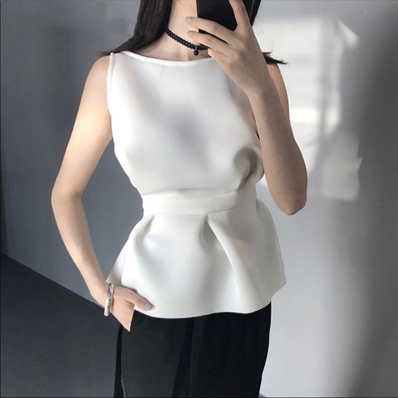 Eggshell White Gathered Scuba Fabric Peplum Top - Picture 4 of 8